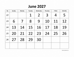 Printable June 2027 Calendar, large font design , holidays on red (horizontal)
