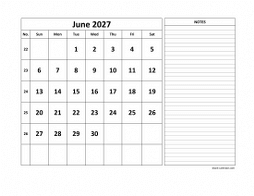 Printable June 2027 Calendar, large space for appointment and notes (horizontal)