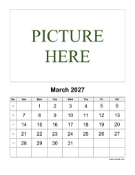 Printable March 2027 Calendar, pictures can be placed at the top