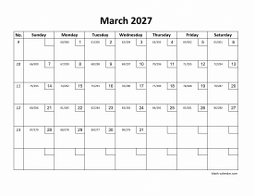 Printable March 2027 Calendar with check boxes (horizontal)