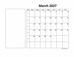 Printable March 2027 Calendar, large box, Federal Holidays listed, space for notes (horizontal)