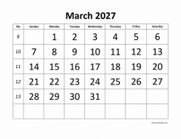 Printable March 2027 Calendar, large font design , holidays on red (horizontal)