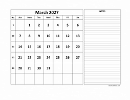 Printable March 2027 Calendar, large space for appointment and notes (horizontal)