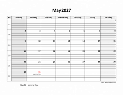 May 2027 printable calendar, large box grid, space for notes