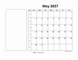 May 2027 printable calendar, large box, space for notes
