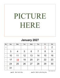 Printable Calendar 2027, pictures can be placed at the top