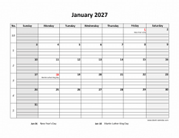 Printable Calendar 2027, large box grid, space for notes (one month per page, horizontal)
