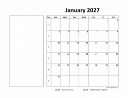 Printable Calendar 2027, large box, Federal Holidays listed, space for notes (12 pages, horizontal)