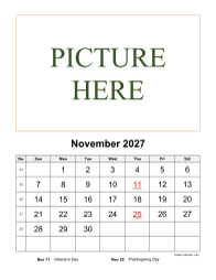Printable November 2027 Calendar, pictures can be placed at the top (vertical)
