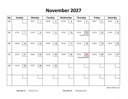 Printable November 2027 Calendar with check boxes (horizontal)