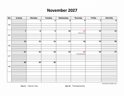 Printable November 2027 Calendar, large box grid, space for notes (horizontal)