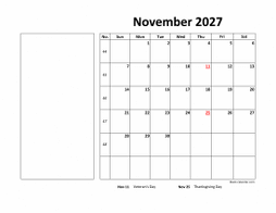 Printable November 2027 Calendar, large box, Federal Holidays listed, space for notes (horizontal)