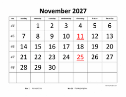 Printable November 2027 Calendar, large font design , holidays on red (horizontal)