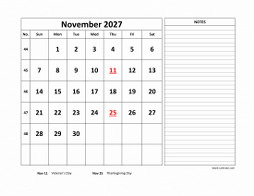 Printable November 2027 Calendar, large space for appointment and notes (horizontal)