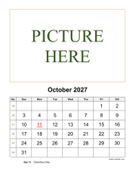 Printable October 2027 Calendar, pictures can be placed at the top (vertical)