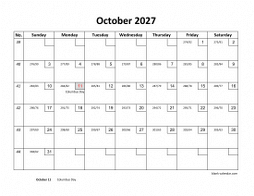 Printable October 2027 Calendar with check boxes (horizontal)