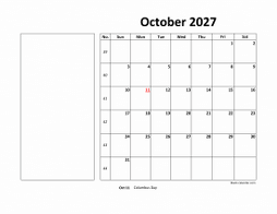 Printable October 2027 Calendar, large box, Federal Holidays listed, space for notes (horizontal)