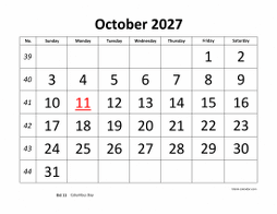 Printable October 2027 Calendar, large font design , holidays on red (horizontal)