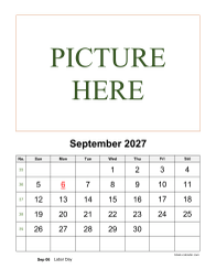 Printable September 2027 Calendar, pictures can be placed at the top (vertical)