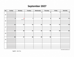 Printable September 2027 Calendar, large box grid, space for notes (horizontal)