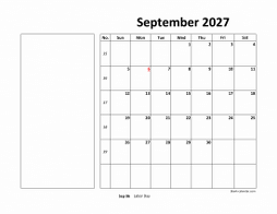 Printable September 2027 Calendar, large box, Federal Holidays listed, space for notes (horizontal)