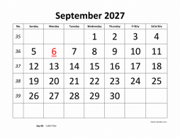 Printable September 2027 Calendar, large font design , holidays on red (horizontal)