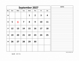 Printable September 2027 Calendar, large space for appointment and notes (horizontal)