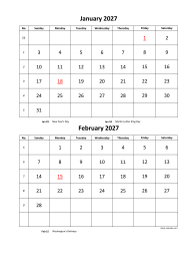 Printable Calendar 2027, 2 months per page, 6 pages (vertical)