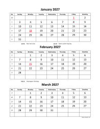 Printable Calendar 2027, 3 months per page, 4 pages (vertical)