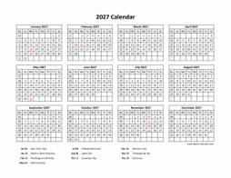 Printable Calendar 2027 with US Federal Holidays (one page, horizontal)