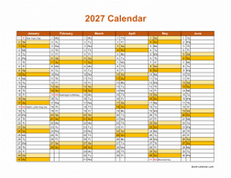 Printable Calendar 2027, month in a column (two pages, half a year per page, horizontal)