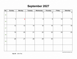Blank Calendar for September 2027 (US Holidays, horizontal)