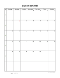 September 2027 Blank Calendar (US Holidays, vertical)