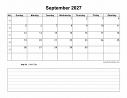 September 2027 Blank Calendar (Space for Notes, horizontal)