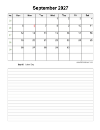 September 2027 Blank Calendar (Space for Notes, Vertical)