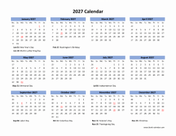 Blank Calendar 2027 (US Holidays, one page, horizontal)