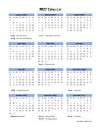 Blank Calendar 2027 (US Holidays, one page, vertical)