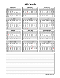 Blank Calendar 2027 (one page, vertical, space for notes)