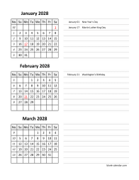 2028 excel calendar, 3 months in one excel spreadsheet