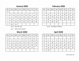 2028 excel calendar, four month in landscape format