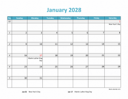 2028 Excel Calendar with US Holidays (horizontal)