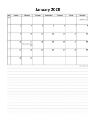 2028 excel calendar, large day boxes, space for notes
