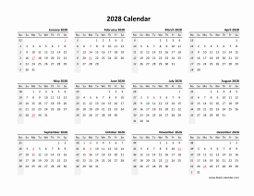Yearly 2028 calendar template blank design