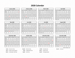 Yearly 2028 calendar with federal holidays