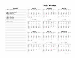 Yearly 2028 calendar with US holidays on the left