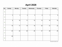 April 2028 blank calendar (horizontal)