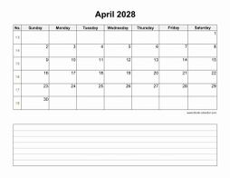 April 2028 Blank Calendar (Space for Notes, horizontal)