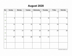 Blank Calendar for August 2028 (US Holidays, horizontal)