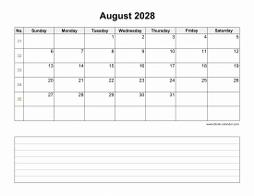 August 2028 Blank Calendar (Space for Notes, horizontal)