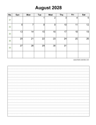 August 2028 Blank Calendar (Space for Notes, Vertical)